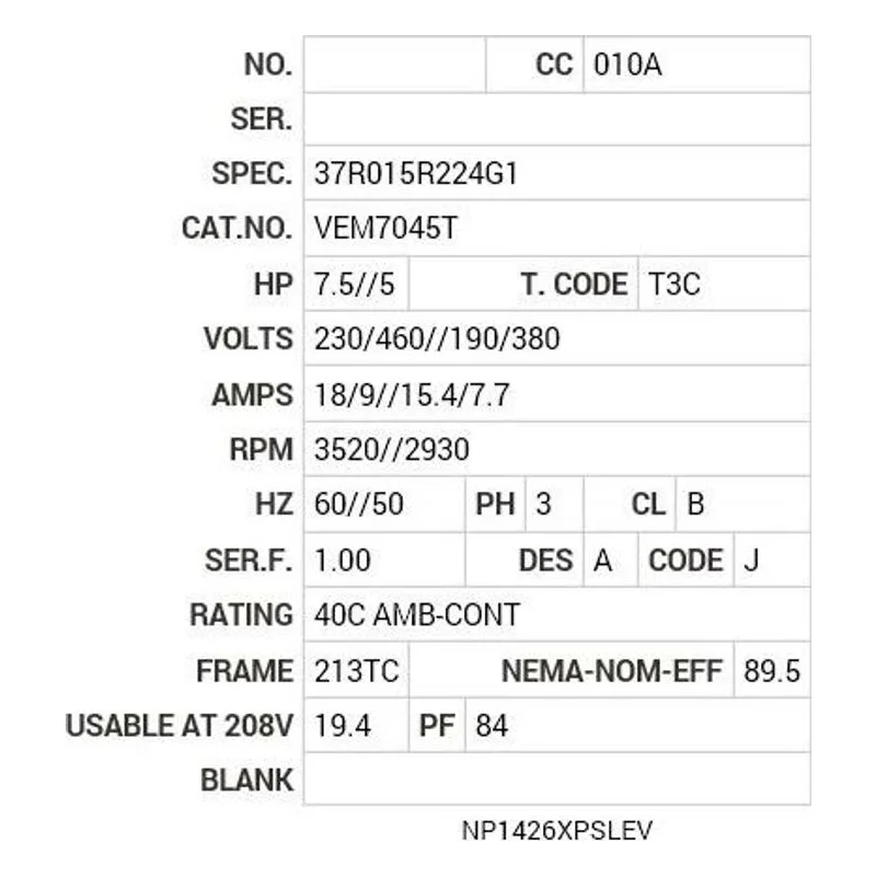 VEM7045T Baldor 7.5//5 HP, 3520//2930 RPM, 3 PH, 60//50 HZ, 213T Motor Nameplate - view 2