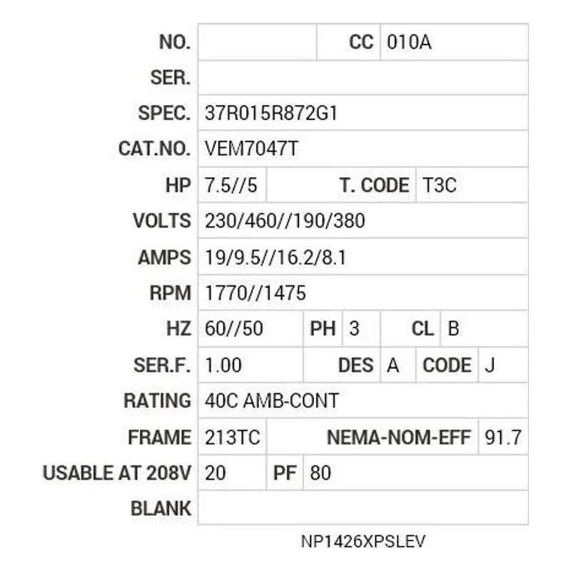 VEM7047T Baldor 7.5//5 HP, 1770//1475 RPM, 3 PH, 60//50 HZ, 213T Motor Nameplate - view 2