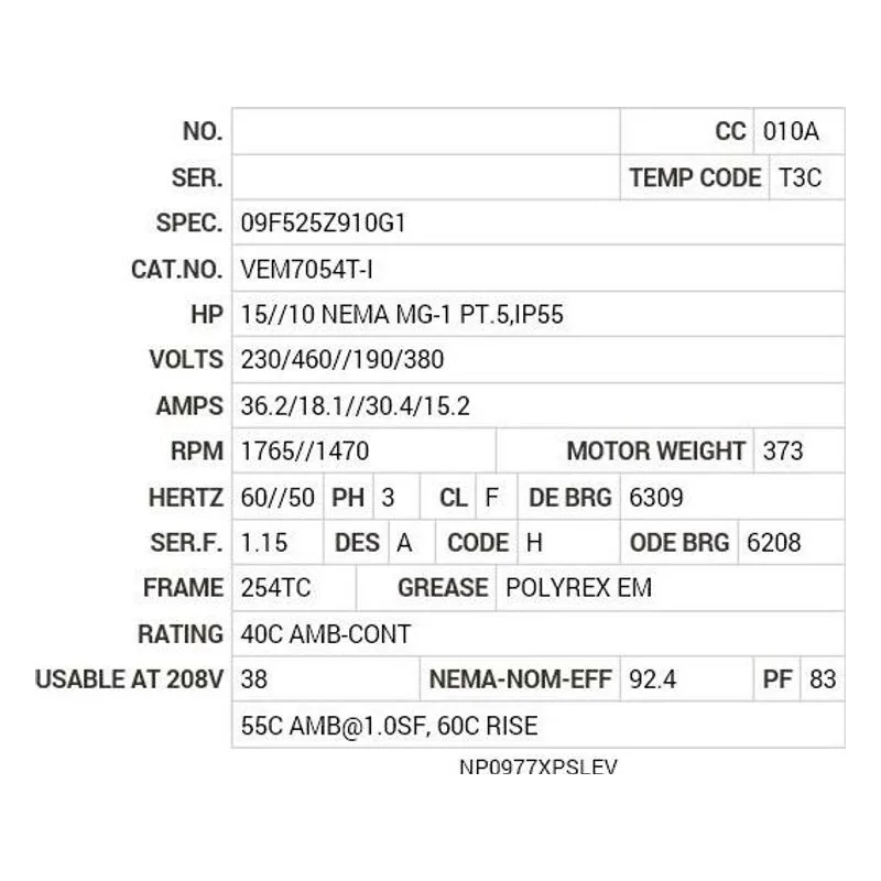VEM7054T-I Baldor 15//10     NEMA MG-1 PT.5, IP55 HP, 1765//1 Motor Nameplate - view 2