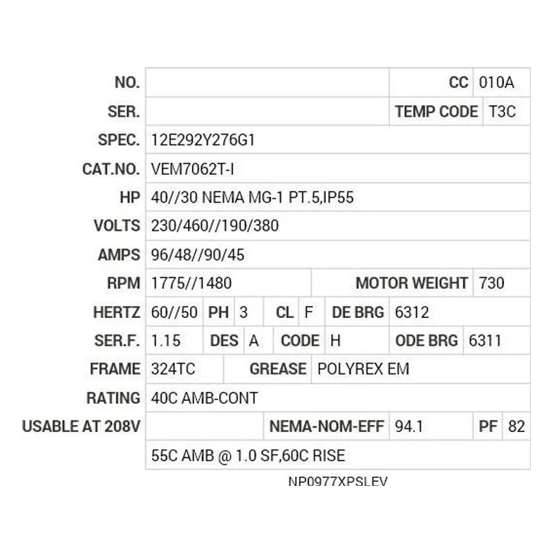 VEM7062T-I Baldor 40//30 HP, 1775//1480 RPM, 3 PH, 60//50 HZ, 324T Motor Nameplate - view 2