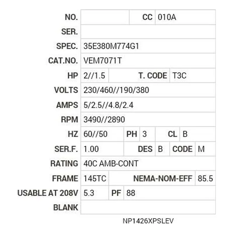 VEM7071T Baldor 2//1.5 HP, 3490//2890 RPM, 3 PH, 60//50 HZ, 145T Motor Nameplate - view 2