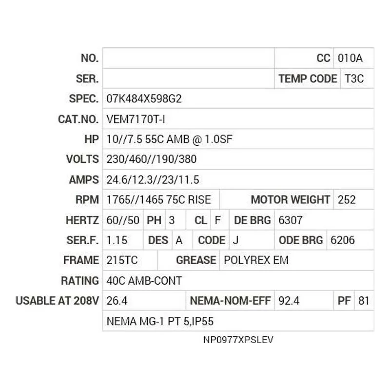 VEM7170T-I Baldor 10//7.5  55C AMB @ 1.0SF HP, 1765//1465  7 Motor Nameplate - view 2