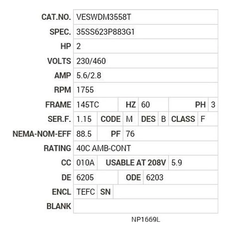 VESWDM3558T Baldor 2 HP, 1755 RPM, 3 PH, 60 HZ, 145TC, 3536M, TEFC, F1 Motor Nameplate - view 2
