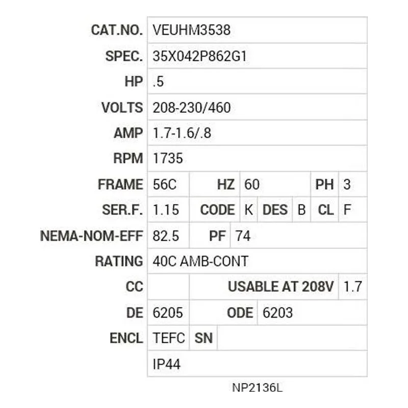 VEUHM3538 Baldor .5 HP, 1735 RPM, 3 PH, 60 HZ, 56C, 3513M, TEFC, F3 Motor Nameplate - view 2