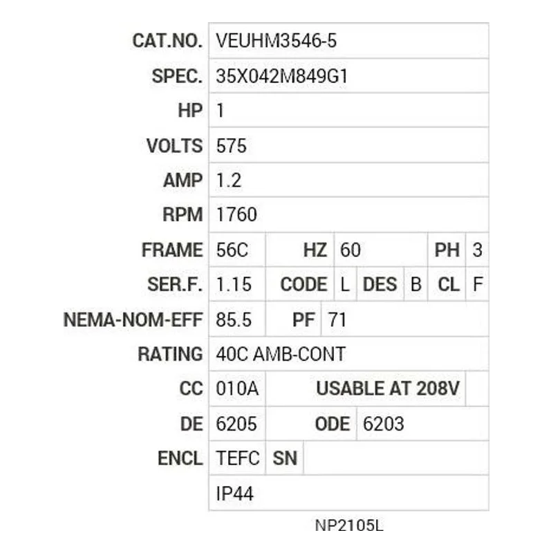 VEUHM3546-5 Baldor 1 HP, 1760 RPM, 3 PH, 60 HZ, 56C, 3519M, TEFC, F3, N Motor Nameplate - view 2