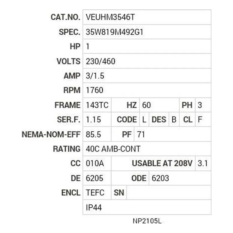 VEUHM3546T Baldor 1 HP, 1760 RPM, 3 PH, 60 HZ, 143TC, 3519M, TEFC, F3 Motor Nameplate - view 2