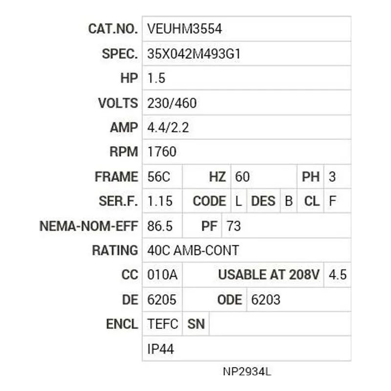 VEUHM3554 Baldor 1.5 HP, 1760 RPM, 3 PH, 60 HZ, 56C, 3526M, TEFC, F3 Motor Nameplate - view 2