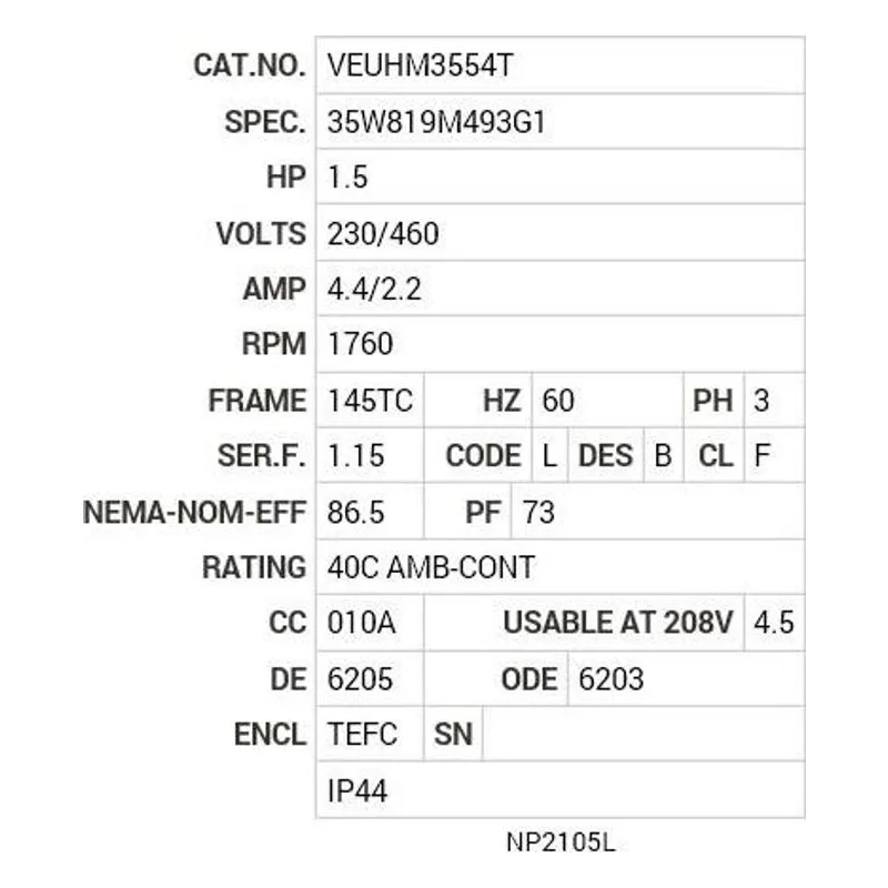 VEUHM3554T Baldor 1.5 HP, 1760 RPM, 3 PH, 60 HZ, 145TC, 3526M, TEFC Motor Nameplate - view 2