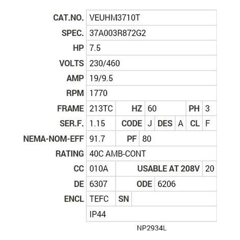VEUHM3710T Baldor 7.5 HP, 1770 RPM, 3 PH, 60 HZ, 213TC, 3738M, TEFC Motor Nameplate - view 2