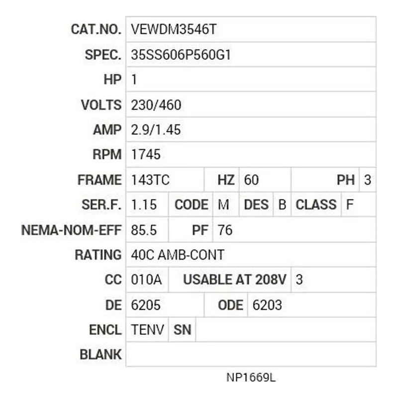 VEWDM3546T Baldor 1 HP, 1745 RPM, 3 PH, 60 HZ, 143TC, 3524M, TENV, F1 Motor Nameplate - view 2
