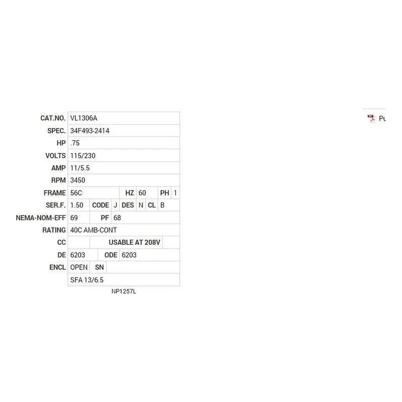 VL1306A Baldor .75 HP, 3450 RPM, 1 PH, 60 HZ, 56C, 3424L, OPEN, F1 Motor Nameplate - view 2