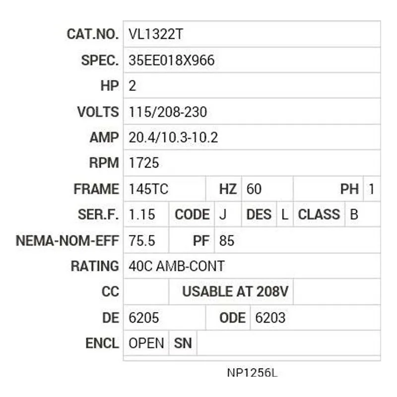 VL1322T Baldor 2 HP, 1725 RPM, 1 PH, 60 HZ, 145TC, 3532LC, OPEN, F Motor Nameplate - view 2