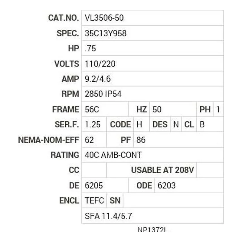VL3506-50 Baldor .75 HP, 2850 RPM, 1 PH, 50 HZ, 56C, 3520L, TEFC, F1 Motor Nameplate - view 2