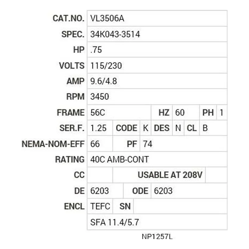 VL3506A Baldor .75 HP, 3450 RPM, 1 PH, 60 HZ, 56C, 3424L, TEFC, F1 Motor Nameplate - view 2