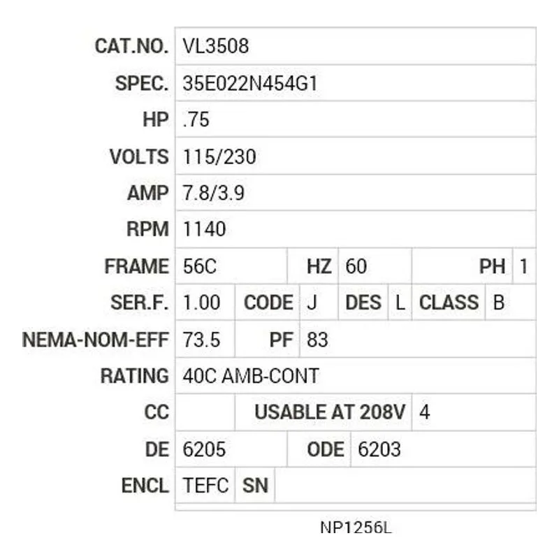 VL3508 Baldor .75 HP, 1140 RPM, 1 PH, 60 HZ, 56C, 3528LC, TEFC, F Motor Nameplate - view 2