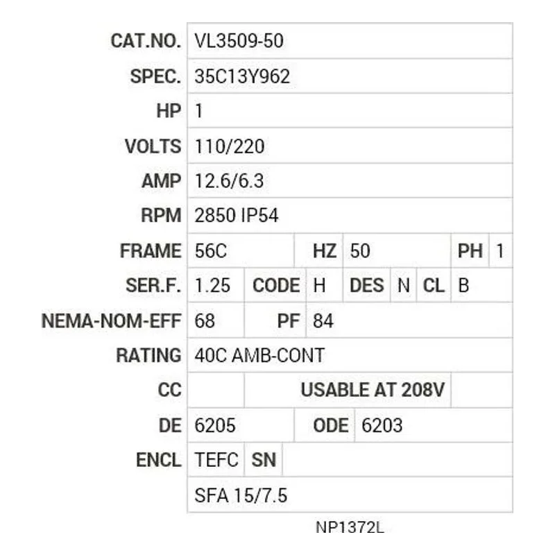 VL3509-50 Baldor 1 HP, 2850 RPM, 1 PH, 50 HZ, 56C, 3524L, TEFC, F1 Motor Nameplate - view 2