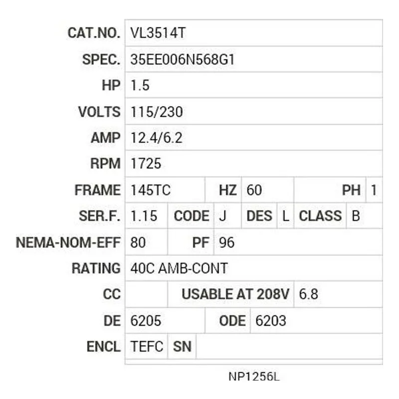 VL3514T Baldor 1.5 HP, 1725 RPM, 1 PH, 60 HZ, 145TC, 3532LC, TEFC Motor Nameplate - view 2