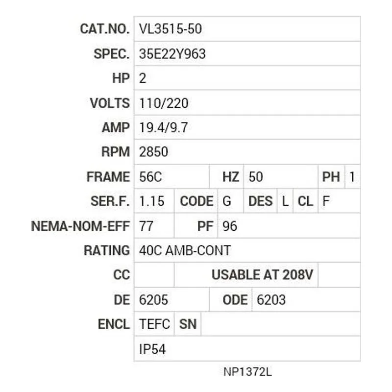 VL3515-50 Baldor 2 HP, 2850 RPM, 1 PH, 50 HZ, 56C, 3535LC, TEFC, F1 Motor Nameplate - view 2