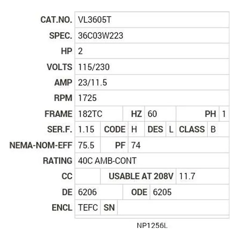 VL3605T Baldor 2 HP, 1725 RPM, 1 PH, 60 HZ, 182TC, 3628L, TEFC, F1 Motor Nameplate - view 2