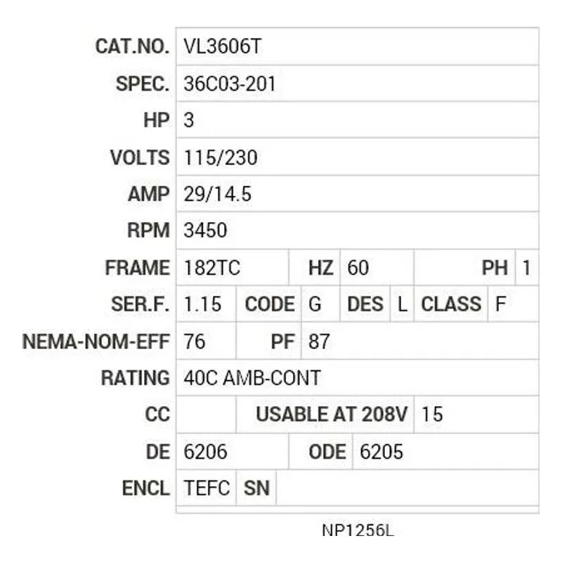 VL3606T Baldor 3 HP, 3450 RPM, 1 PH, 60 HZ, 182TC, 3634L, TEFC, F1 Motor Nameplate - view 2