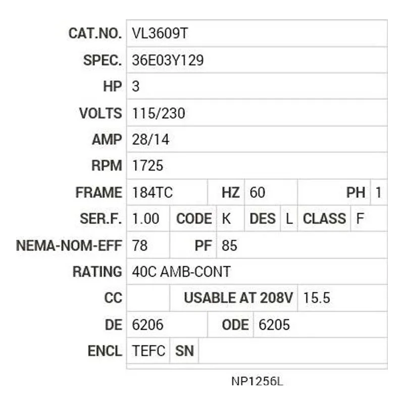 VL3609T Baldor 3 HP, 1725 RPM, 1 PH, 60 HZ, 184TC, 3634LC, TEFC Motor Nameplate - view 2