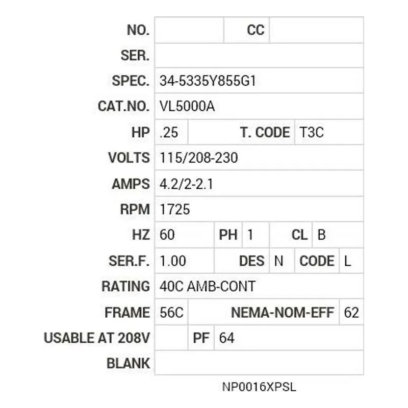 VL5000A Baldor .25 HP, 1725 RPM, 1 PH, 60 HZ, 56C, 3414L, XPFC, F1 Motor Nameplate - view 2