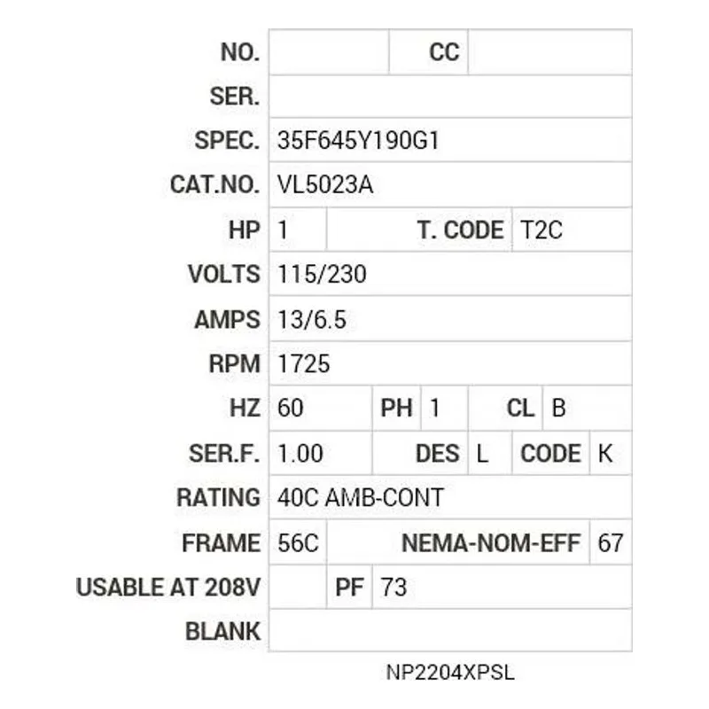 VL5023A Baldor 1 HP, 1725 RPM, 1 PH, 60 HZ, 56C, X3524L, XPFC, F1 Motor Nameplate - view 2