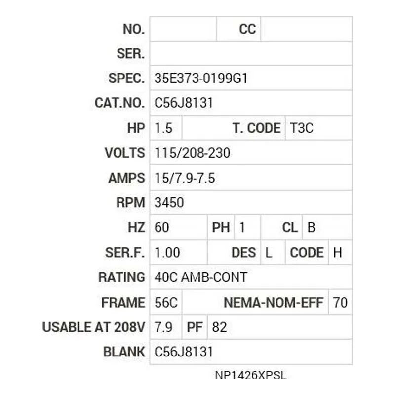 VL5030 Baldor 1.5 HP, 3450 RPM, 1 PH, 60 HZ, 56C, 3528L, XPFC, F1 Motor Nameplate - view 2