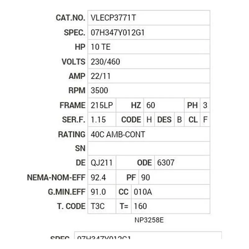 VLECP3771T Baldor 10 HP, 3500 RPM, 3 PH, 60 HZ, 215LP, 0742M, TEFC, F Motor Nameplate - view 2