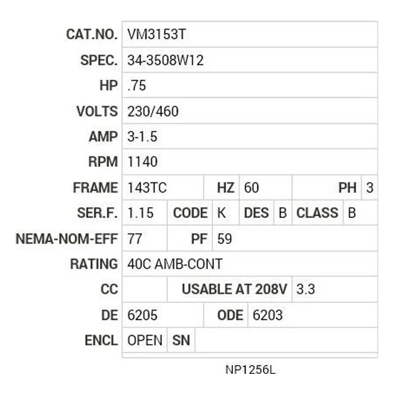 VM3153T Baldor .75 HP, 1140 RPM, 3 PH, 60 HZ, 143TC, 3428M, OPEN Motor Nameplate - view 2