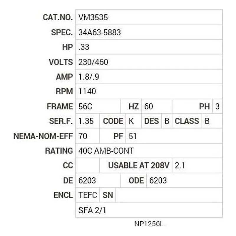 VM3535 Baldor .33 HP, 1140 RPM, 3 PH, 60 HZ, 56C, 3414M, TEFC, F1 Motor Nameplate - view 2