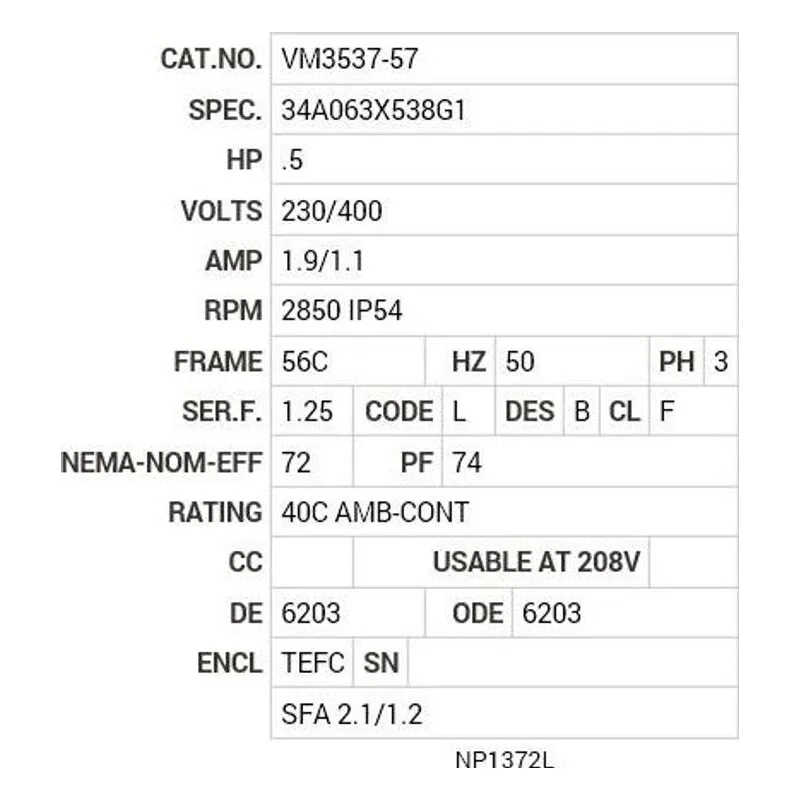 VM3537-57 Baldor .5 HP, 2850    IP44 RPM, 3 PH, 50 HZ, 56C, 3413M Motor Nameplate - view 2
