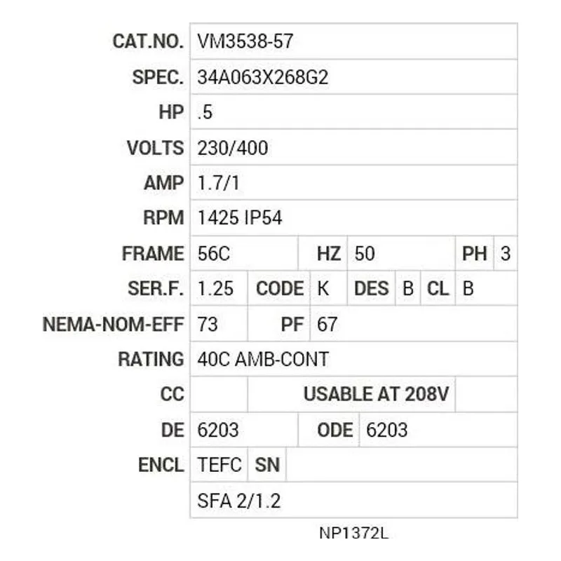 VM3538-57 Baldor .5 HP, 1425 RPM, 3 PH, 50 HZ, 56C, 3420M, TEFC, F1 Motor Nameplate - view 2