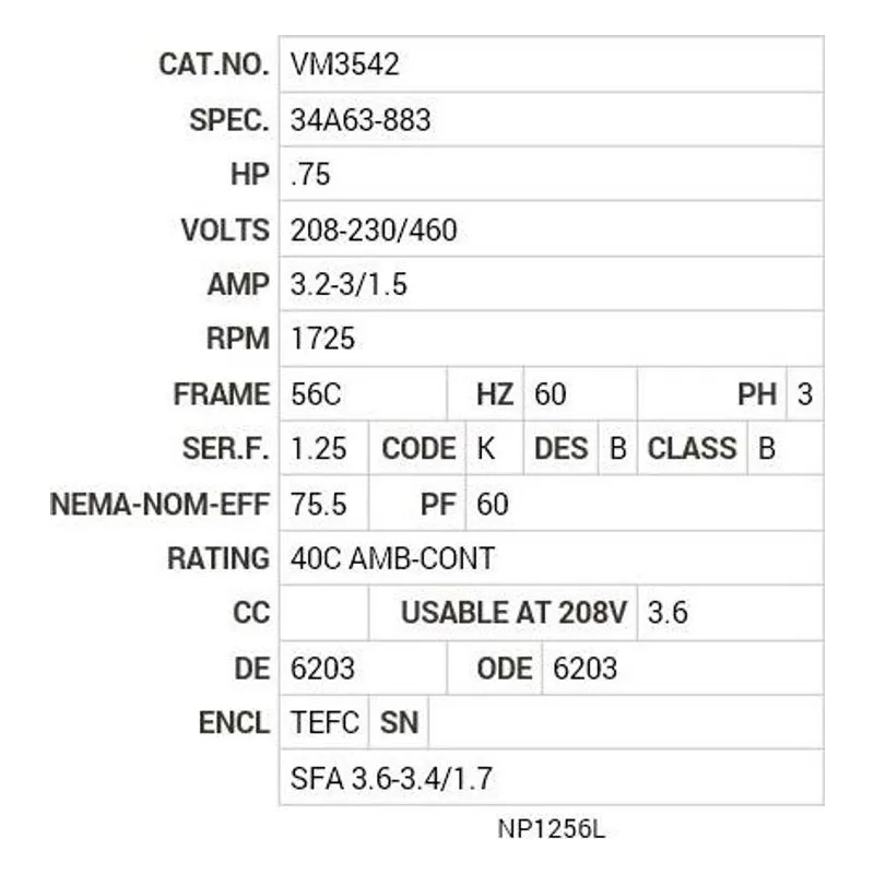 VM3542 Baldor .75 HP, 1725 RPM, 3 PH, 60 HZ, 56C, 3420M, TEFC, F1 Motor Nameplate - view 2