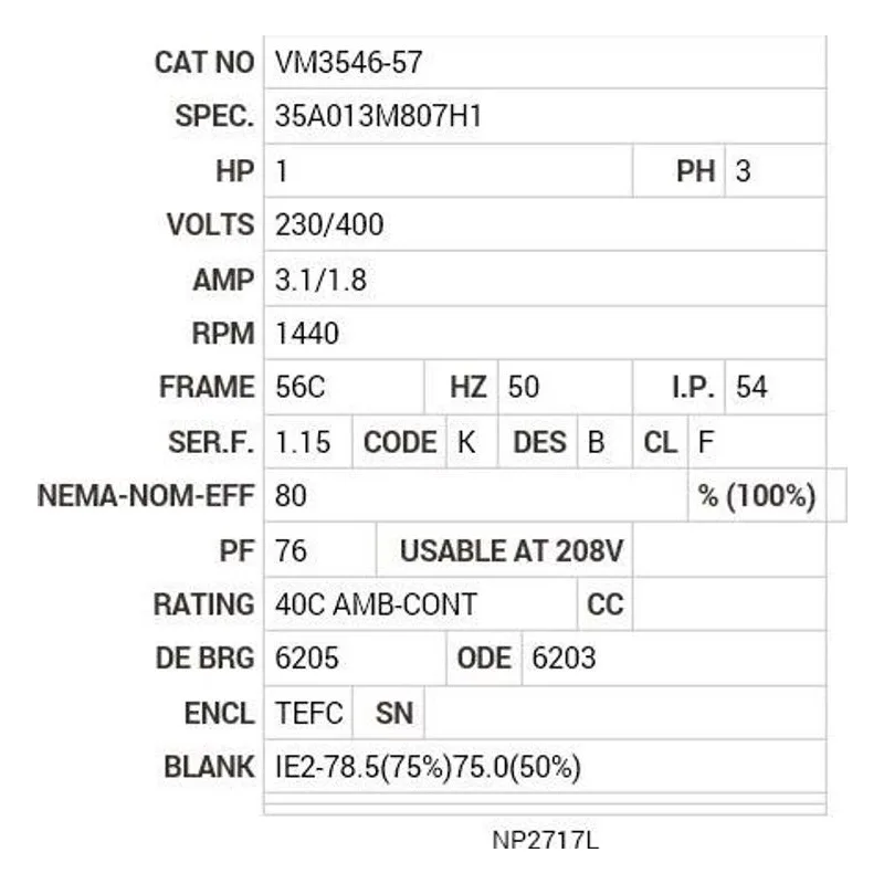 VM3546-57 Baldor 1 HP, 1440 RPM, 3 PH, 50 HZ, 56C, 3517M, TEFC, F1, N Motor Nameplate - view 2