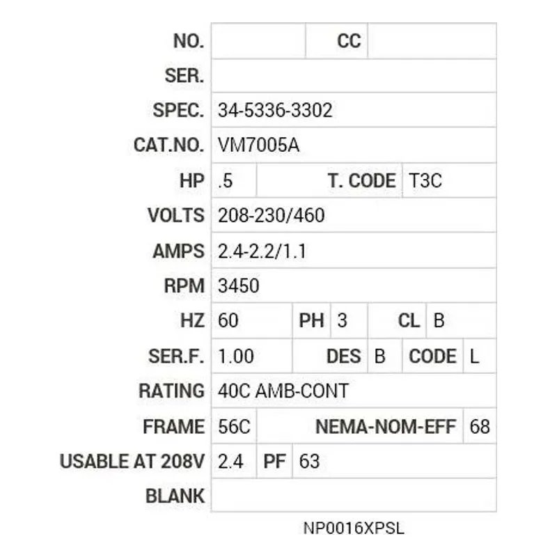 VM7005A Baldor .5 HP, 3450 RPM, 3 PH, 60 HZ, 56C, X3410M, XPFC, F1 Motor Nameplate - view 2
