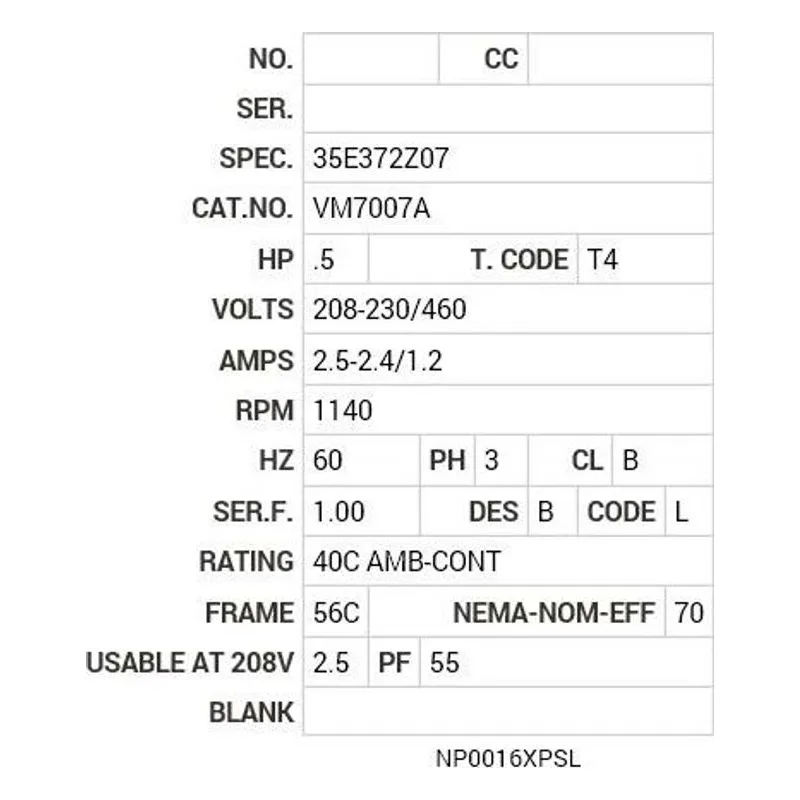 VM7007A Baldor .5 HP, 1140 RPM, 3 PH, 60 HZ, 56C, X3516M, XPFC, F1 Motor Nameplate - view 2