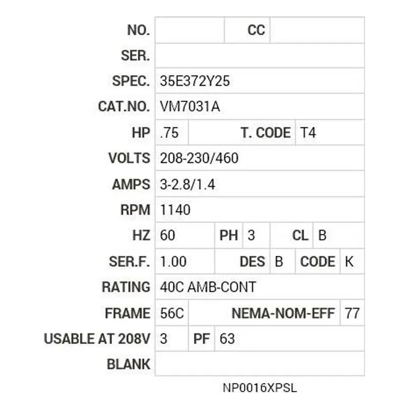 VM7031A Baldor .75 HP, 1140 RPM, 3 PH, 60 HZ, 56C, X3524M, XPFC Motor Nameplate - view 2