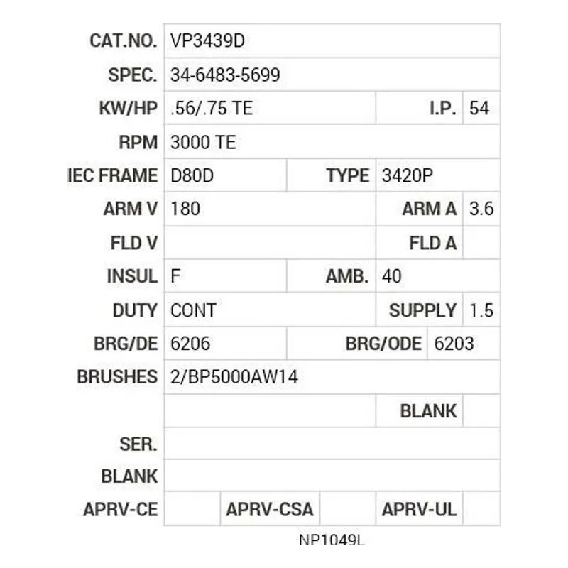VP3439D Baldor .57/.75 HP, 3000 RPM, DC, D80D, 3420P, TEFC, F2 Motor Nameplate - view 2