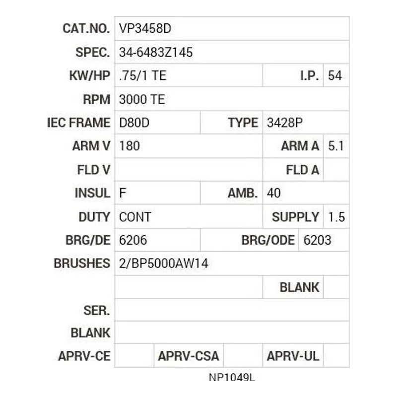 VP3458D Baldor .75/1KW, 3000 RPM, DC, D80D, 3428P, TEFC, F2 Motor Nameplate - view 2