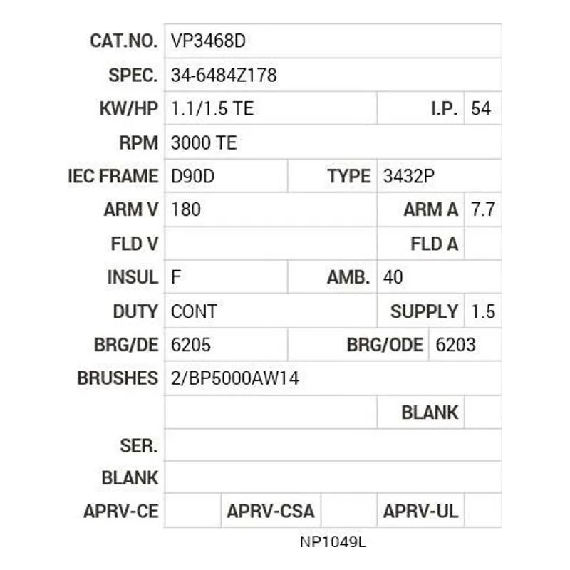 VP3468D Baldor 1.1/1.5 HP, 3000 RPM, DC, D90D, 3432P, TEFC, F2 Motor Nameplate - view 2