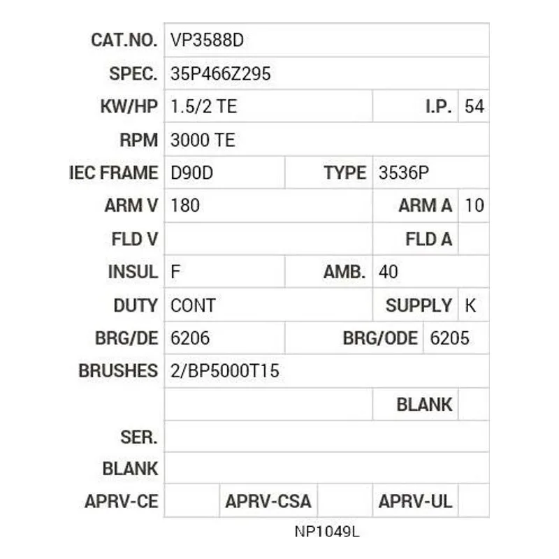 VP3588D Baldor 1.5/2 HP, 3000 RPM, DC, D90D, 3536P, TEFC, F2 Motor Nameplate - view 2