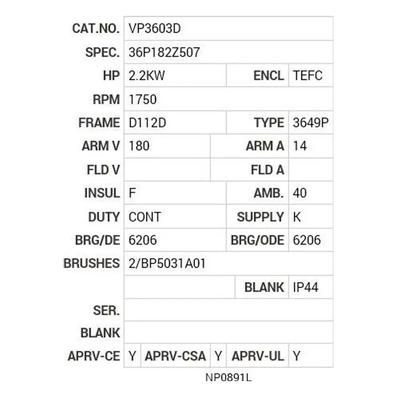 VP3603D Baldor 2.2KW, 1750 RPM, DC, D112D, 3649P, TEFC, F1 Motor Nameplate - view 2