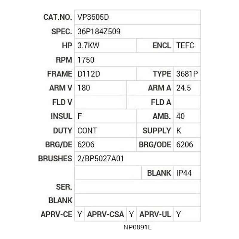VP3605D Baldor 3.7KW, 1750 RPM, DC, D112D, 3681P, TEFC, F1 Motor Nameplate - view 2