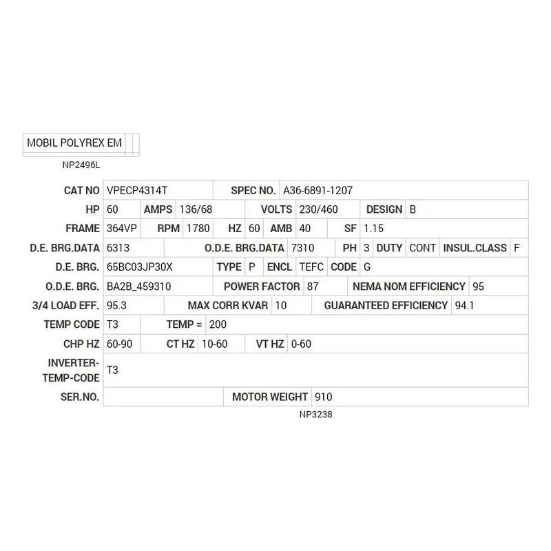 VPECP4314T Baldor 60 HP, 1780 RPM, 3 PH, 60 HZ, 364VP, TEFC, V1 Motor Nameplate - view 2