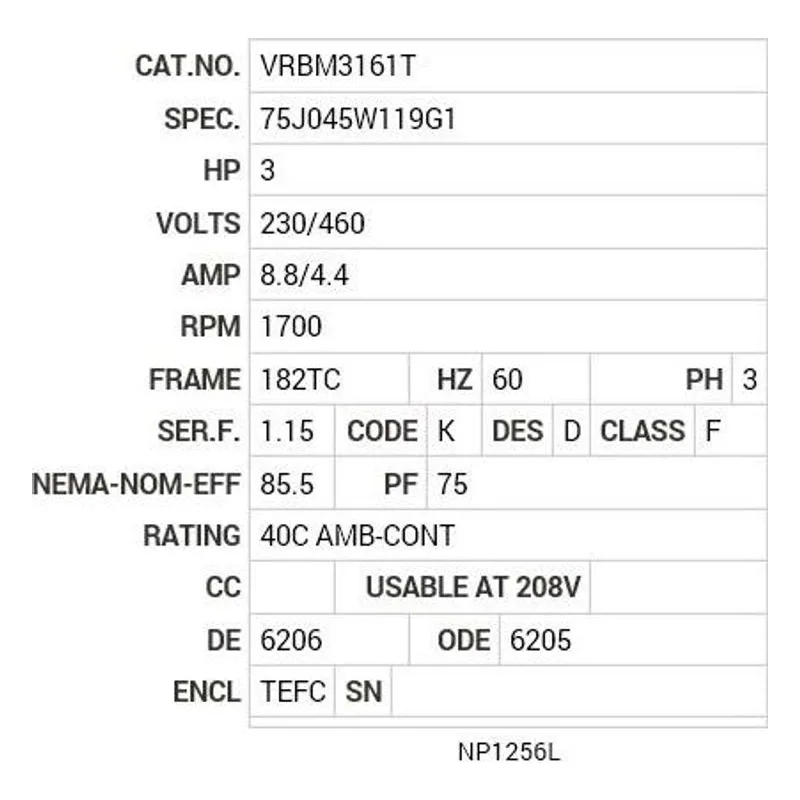 VRBM3161T Baldor 3 HP, 1700 RPM, 3 PH, 60 HZ, 182TC, 7542M, TEFC, F3 Motor Nameplate - view 2