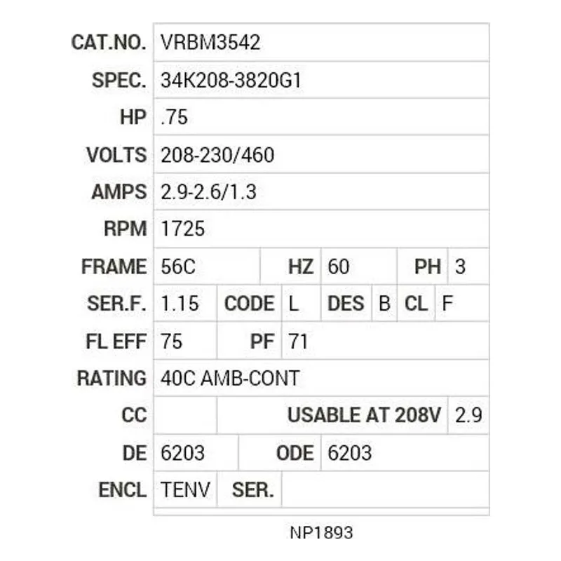 VRBM3542 Baldor .75 HP, 1725 RPM, 3 PH, 60 HZ, 56C, BRAKE, 3428M Motor Nameplate - view 2