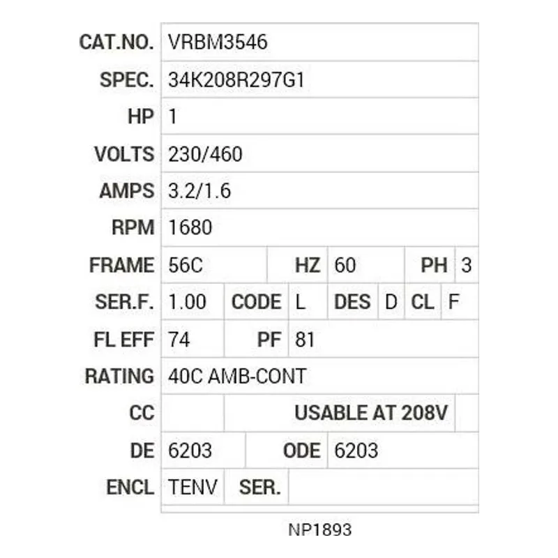 VRBM3546 Baldor 1 HP, 1700 RPM, 3 PH, 60 HZ, 56C, 3436M, TENV, F1, B Motor Nameplate - view 2