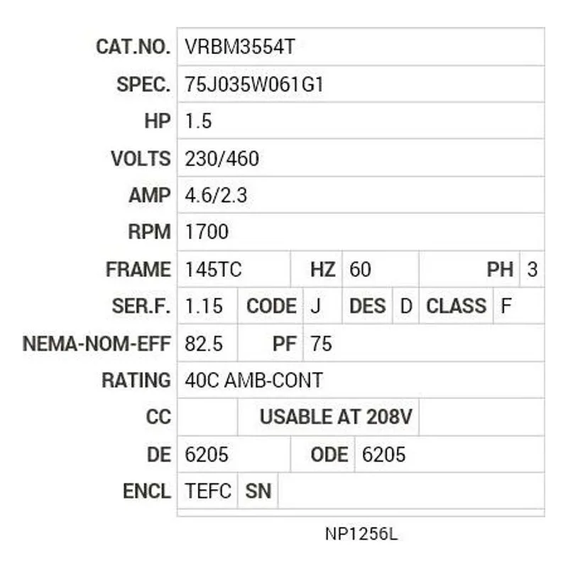 VRBM3554T Baldor 1.5 HP, 1700 RPM, 3 PH, 60 HZ, 145TC, 7530M, TEFC Motor Nameplate - view 2