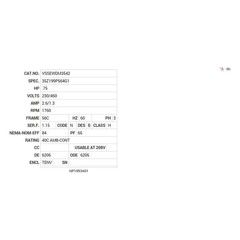 VSSEWDM3542 Baldor .75 HP, 1760 RPM, 3 PH, 60 HZ, 56C, 3521M, TENV, F1 Motor Nameplate - view 2
